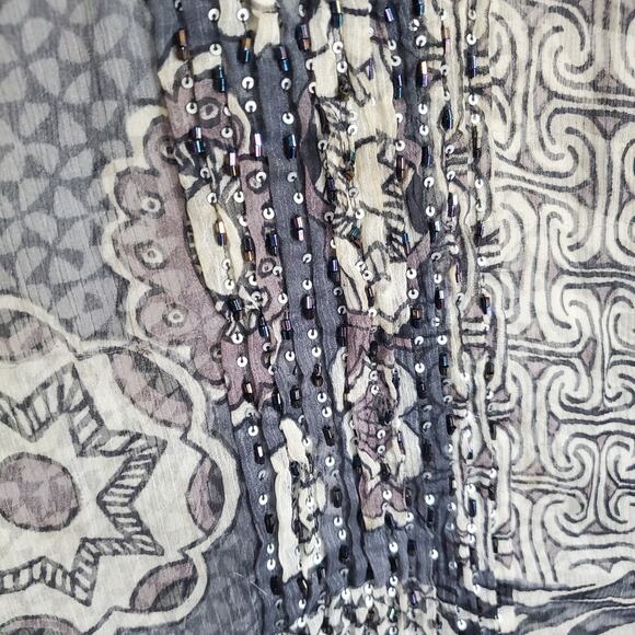 Lior Paris Floral Mixed Print Sheer Button Tunic Top Women Sz XL Sequin Beaded - Picture 4 of 12